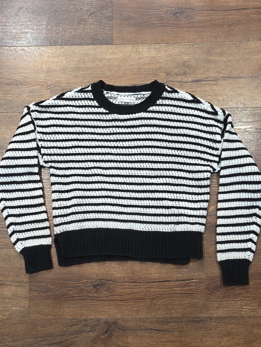Aeropostale Black and White Striped Crochet Crewneck Sweater